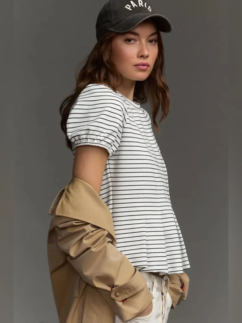Anthropologie Maeve Corset Black and White Striped Puff Sleeve Blouse Womens XXS